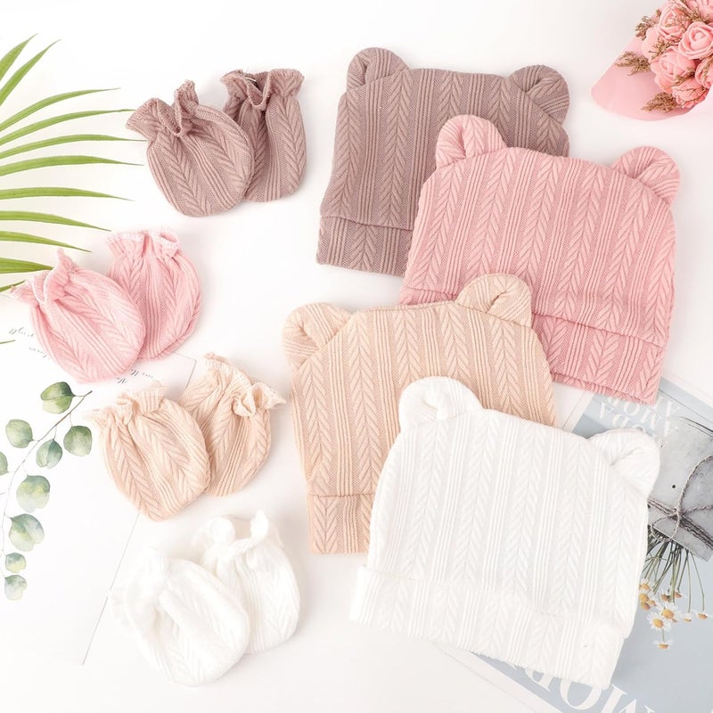 DRESHOW BQUBO Newborn Baby Hats Bear Ears and Mittens Sets Preemie Caps Baby Boy Girl Infant Hospital Beanie for 0-3 Months - Image 4